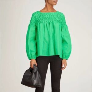 Merlette Songes Blouse Kelly Green XL Balloon Sleeve Smocked Yoke Cotton Boho